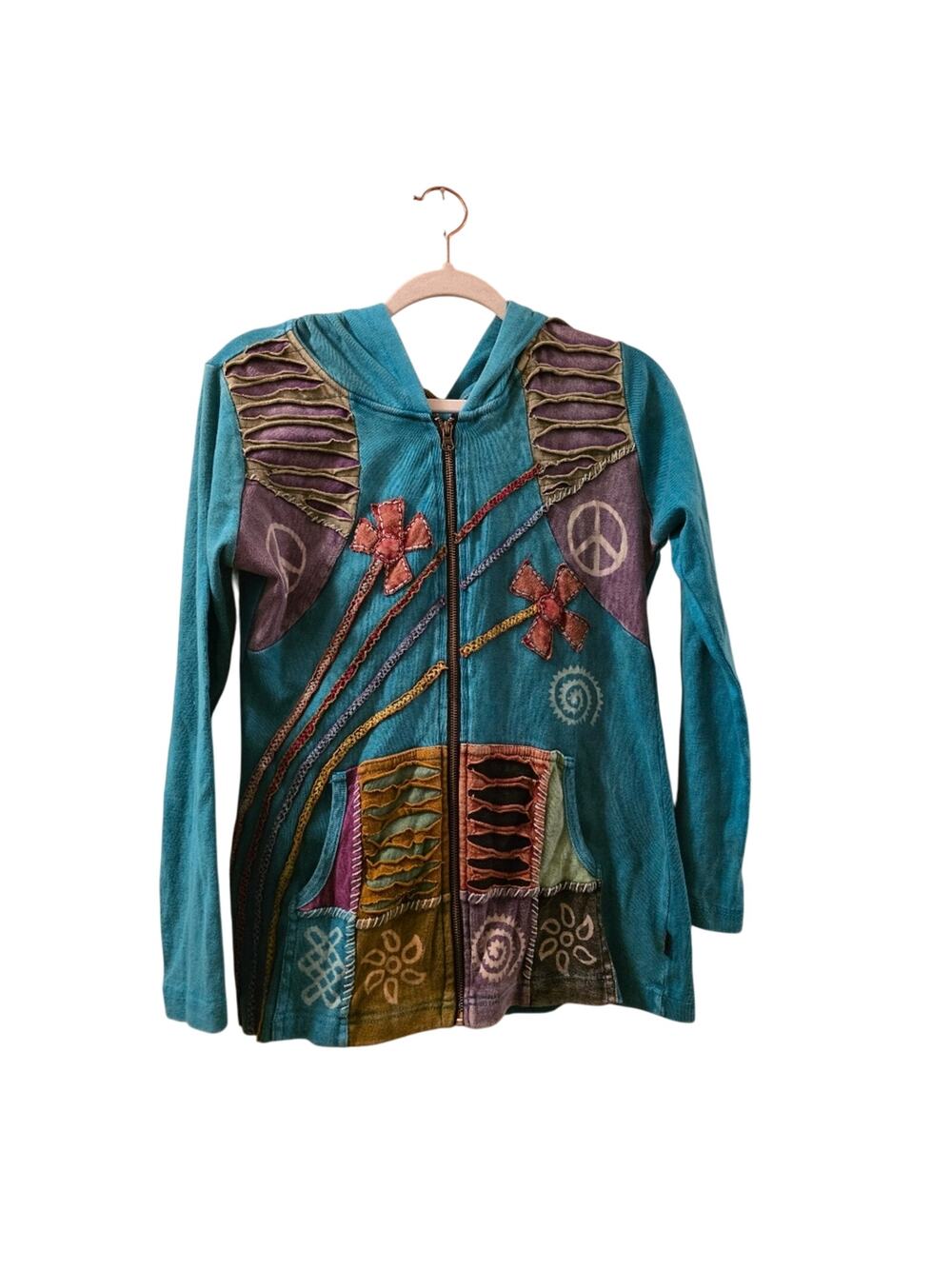 Rising International Floral Embroidered Hoodie Teal Full Zip Sweater Size M Boho